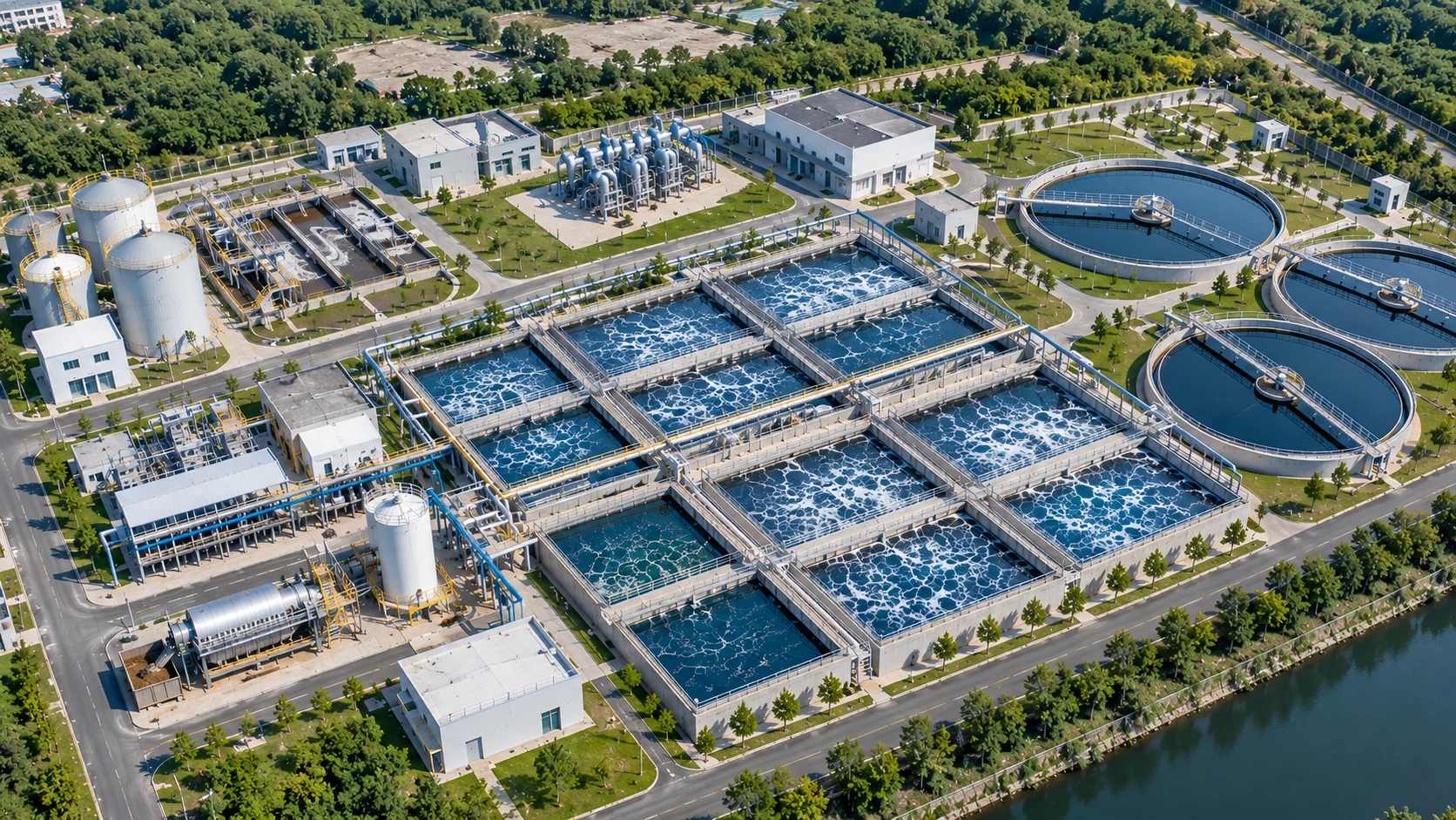 Wastewater treatment plant with aeration basins and circular clarifiers beside a river